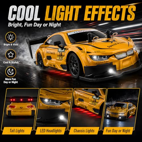 HTURCCOP 1:20 RC Drift Car 2.4GHz 4WD High Speed Drift Remote Control Cars Vehicle with LED Lights and Drifting Tires Batteries x2 Racing Sport Toy Cars for Adults Boys Girls Kids (Yellow) - color: Yellow