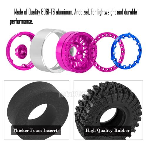 RC 1.9 Wheel Tires for 1/10 TRX4 TRX6 SCX10 SCX10 II 90046 SCX10 III AXI03007 SCX10 Pro Gen7/8 D90 VS4-10 MST CFX RC Crawler Car,12mm Hex Wheels Rims and Rubber Tires w/Sponge,Pink - color: Pink - (1.9 Beadlock Wheel)