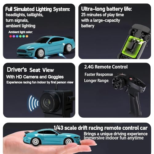 MG034 FPV Drift RC Car with Goggles & Camera for Thrilled Rxperience,20KM/H Remote Control Cars- Gyro,Drift/Racing Tires,Full Simulated Lighting System,4WD RC Car Toy for Adult (Blue, FPV Version) - color: Blue
