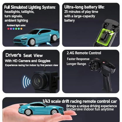 MG034 FPV Drift RC Car with Goggles & Camera for Thrilled Rxperience,20KM/H Remote Control Cars- Gyro,Drift/Racing Tires,Full Simulated Lighting System,4WD RC Car Toy for Adult (Blue, FPV Version) - color: Blue
