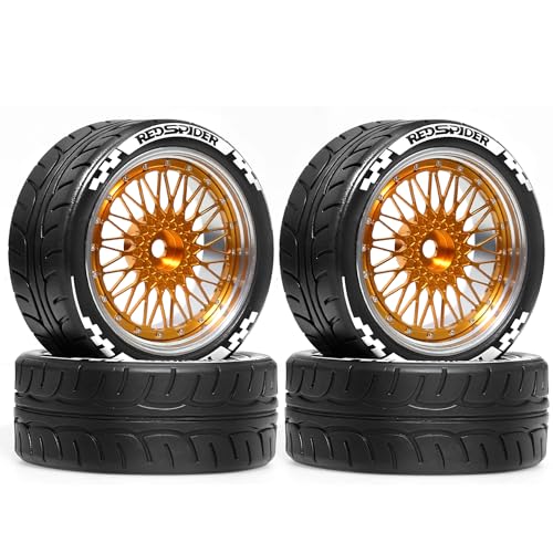 4PCS/Set 64mm Rubber Tires & Aluminum Alloy Wheels Rims Replacement Part for 1/10 RC On-Road Touring Car Racing Car (Gold) - color: Gold