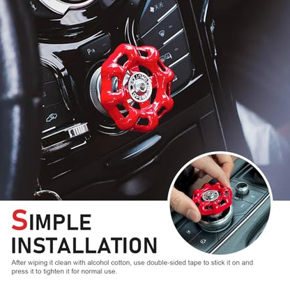 Car Rotary Knob Decor, Metal Retro Valve Handwheel One Click Start Decor Trim, Self-Adhesive Engine Start Stop Knob Protector, Universal for Most Cars (Red)