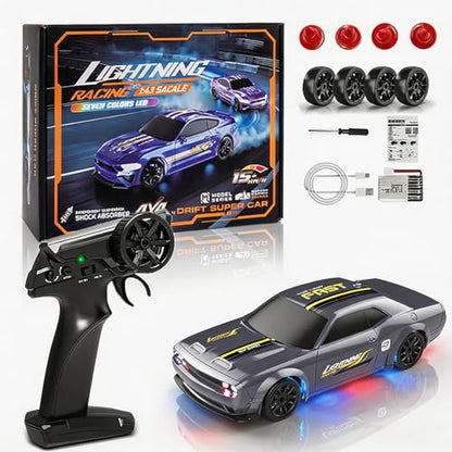 1:43 RC Drift Car, 2.4GHz Remote Control Drift Racing Car, High Speed 4 WD Electric Toy Car with LED Lights for Teen and Adults (Silver Gray) - size: Silver Gray