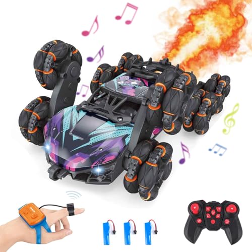 Remote Control Car, Gesture Sensing RC Stunt Car, 8WD Transform Cars Climbing Toys with Spary and Light, 360° Rotating, 2.4GHz 8 Wheels RC Cars with 3 Batteries (Purple) - color: Purple, size: 3 Batteries