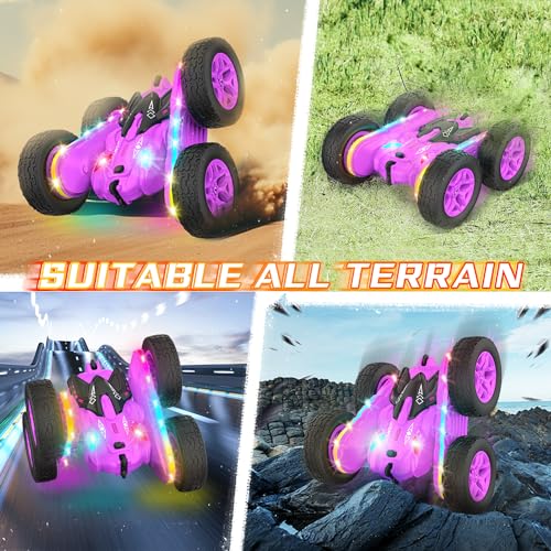 Remote Control Car, Rc Cars Stunt RC Car Toys New Upgraded Strip Lights and Headlights Girl Toys Double-Sided 360° Rotating 4WD Drift Truck for Boys Girls Birthday Gift (Purple) - color: Purple