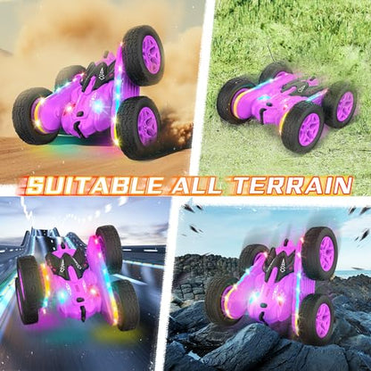 Remote Control Car, Rc Cars Stunt RC Car Toys New Upgraded Strip Lights and Headlights Girl Toys Double-Sided 360° Rotating 4WD Drift Truck for Boys Girls Birthday Gift (Purple) - color: Purple
