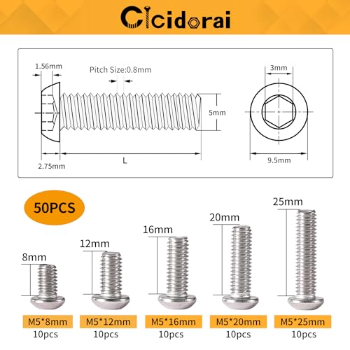 M5 x 8mm 12mm 16mm 20mm 25mm Button Head Socket Cap Screws Bolts, Stainless Steel 304, Metric Allen Hex Drive, Fully Threaded, Bright Finish, 50PCS - size: Button Head M5x8/12/16/20/25mm