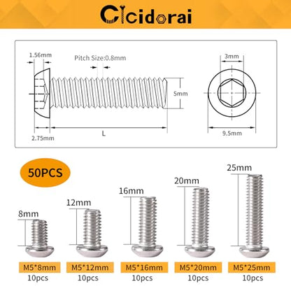 M5 x 8mm 12mm 16mm 20mm 25mm Button Head Socket Cap Screws Bolts, Stainless Steel 304, Metric Allen Hex Drive, Fully Threaded, Bright Finish, 50PCS - size: Button Head M5x8/12/16/20/25mm