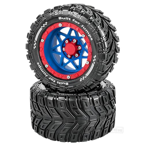 RC Truck Wheel and Tires for 1/16 SUMMIT E-REVO GORGON GROM MINI KRATON M-J-X H-B-X S-C-Y RC Car,Monster Truck Car Wheel Tires w/Plastic Wheels Rim,Soft Tire Highway Wheels (4PCS),Navy Blue Red - color: Navy Blue-red(rc Wheels Tires)
