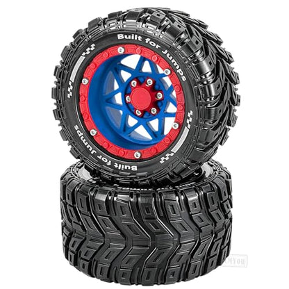 RC Truck Wheel and Tires for 1/16 SUMMIT E-REVO GORGON GROM MINI KRATON M-J-X H-B-X S-C-Y RC Car,Monster Truck Car Wheel Tires w/Plastic Wheels Rim,Soft Tire Highway Wheels (4PCS),Navy Blue Red - color: Navy Blue-red(rc Wheels Tires)