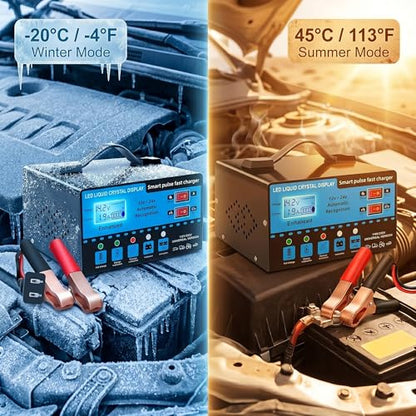 12V/24V Smart Car Battery Charger with LCD Display, Automatic Battery Maintainer & Trickle Charger, Temperature Compensation, Overcharge Protection for Cars, Trucks, SUVs & Motorcycles