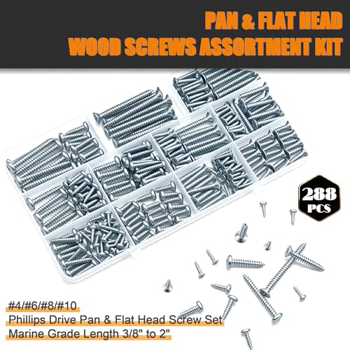 Dianrui 288 PCS Wood Screws Assortment Kit, Assorted Sheet Metal Screws #4/#6/#8/#10, ‌Phillips Drive Pan & Flat Head Screw Set Marine Grade Length 3/8" to 2" - size: 288PCS-SV