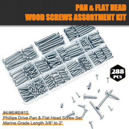 Dianrui 288 PCS Wood Screws Assortment Kit, Assorted Sheet Metal Screws #4/#6/#8/#10, ‌Phillips Drive Pan & Flat Head Screw Set Marine Grade Length 3/8" to 2" - size: 288PCS-SV