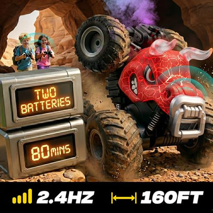BEZGAR Monster Truck Toys, 1:18 Remote Control Monster Truck with Water Spray & Dancing Spins, 4WD RC Truck for Boys 4-7, RC Cars with 2 Batteries, Toys for 4+ Year Old Boys - color: Red
