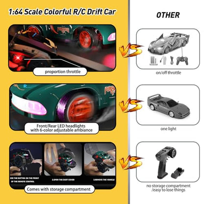 ANTSIR 1/64 RC Drift Car, 7 Colorful LED Lights 4WD RTR Racing Sports Gift | 2.4GHz,15KM/H High Speed, Drifting/Race Tires, Desktop Remote Control Car, Proportional Throttle, Matte Green Concept Model - color: Matte Green Concept Model