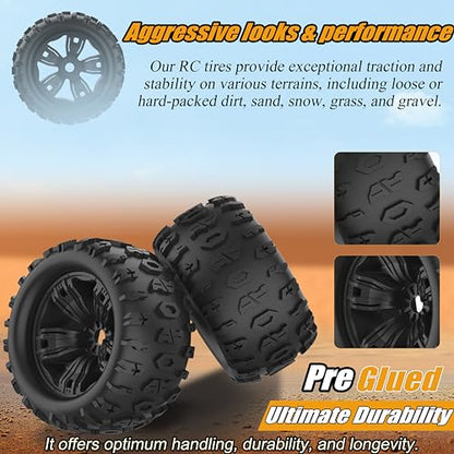 17mm Hex RC Wheels and Tires 4PCS RC Truck Buggy 3.8 Tires Wheels for 1/8 1/10 Scale Arrma Kraton Notorious Outcast Typhon 6S 4S 3S Traxxas Maxx T Maxx Sledge Revo 3.3 Tires Wheels Preglued
