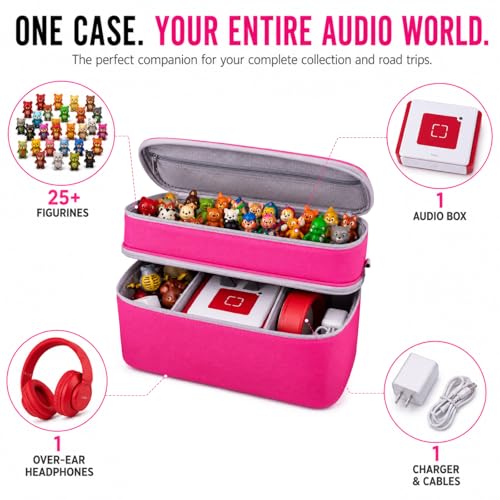 Carrying Case for Toniebox Gen 1 & 2, Holds 25+ Figures & Accessories | 2-layer top tray+deep bottom fit audio box, charging station & headphones; water-resistant with shock-absorbing EPE foam - color: Rosy Pink