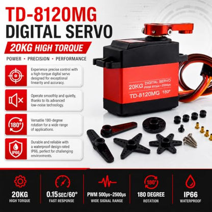 2-Pack TD-8120MG 20kg High Torque 180° Servo Motor | High Torque Full Metal Gear 180 Degree Servo Motor with 25T Metal Servo Arm for 1/8 1/10 Scale RC Car Truck Robot DIY
