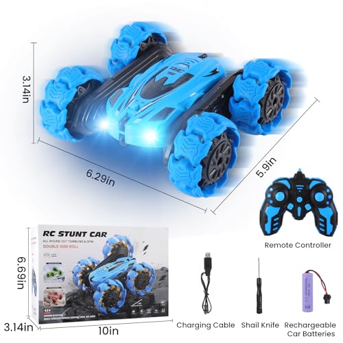 RC Stunt Car, 360° Flips & Double-Sided Remote Control Truck with LED Lights, 2.4GHz High Speed All Terrain Off-Road Toy Car, Gift for Boys Girls Kids Ages 6-12 (Blue) - color: Blue