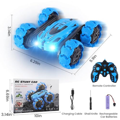 RC Stunt Car, 360° Flips & Double-Sided Remote Control Truck with LED Lights, 2.4GHz High Speed All Terrain Off-Road Toy Car, Gift for Boys Girls Kids Ages 6-12 (Blue) - color: Blue