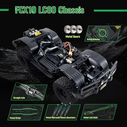 BEEZRC FMS FCX10 1/10 RC Crawler Toyota Licensed OVR Land Cruiser 80, HDR Wheel&Brushless Motor&LED Light, 4WD Off-Road RC Rock Truck, Hobby Grade Remote Control Car for Adults, RS No Battery Green - color: Green