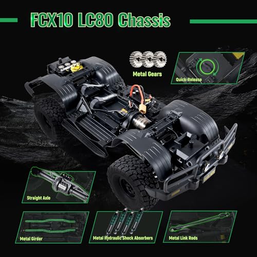 BEEZRC FMS FCX10 1/10 RC Crawler Toyota Licensed OVR Land Cruiser 80, HDR Wheel&Brushless Motor&LED Light, 4WD Off-Road RC Rock Truck, Hobby Grade Remote Control Car for Adults, RS No Battery Green - color: Green