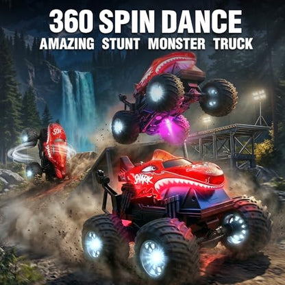 BEZGAR 1:20 Shark Monster Truck Toys, 360°Stunt RC Cars Rotation Monster Trucks with Music, 2 Batteries and Wireless LED Strobe Lights, Remote Control Car for Boys 4 5 6 7 8 9 Years Old(Red) - color: Red