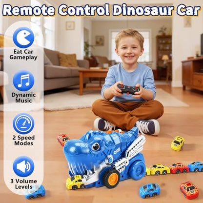 Intoypad RC Dinosaur Eating Car Toys for Kids, 2.4GHz Dino Remote Control Car Toy with 6 Magnetic Cars & Music Dino Truck Birthday Gifts Toys for 3 4 5 6 7 8 9 10 11 12 Year Old Boys Girls (Blue) - color: Blue