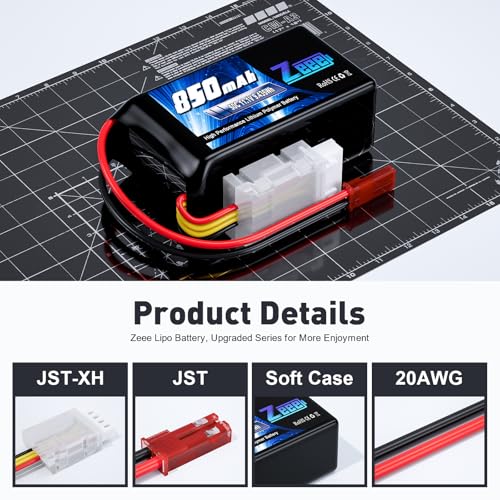 Zeee 3S Lipo Battery 850mAh 11.1V 50C with JST Plug for FPV Quadcopter Racing Drone Helicopter Airplane RC Boat RC Car RC Models(2 Pack)