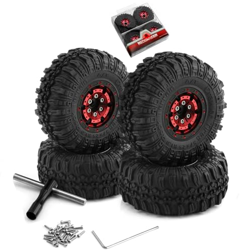 REDSPIDER （4pcs） 1.0 beadlock Wheels and Tires，1.0 Tires Set Has Super Soft Stickiness，Wheel hub Colors Available. 1.0 Crawler Tires for TRX4M Axial AX24 SCX24 FCX24 1/18 1/24 RC Crawler Car (Red) - color: Red