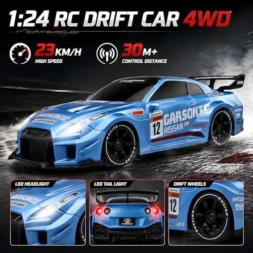 HTURCCOP 1:24 RC Drift 2.4GHz with LED Light Race Car Toys for Boys and Girls Aged 6+ Speed Adjustable up to 23Km/H, High-Speed RC Racing Cars Toy Gift for Boys & Girls - color: Blue