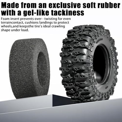1.3 Tires - 64x26mm Rock Crawling Tire for 1/18 1/24 TRX4M SCX24 | Soft Sticky Rubber Tryes with Foam Insert Fit AX24 TRX4M Axial SCX24 FCX24 Ultimate CR-18P EVO XC-1 RTR 1/18 1/24 RC Crawler