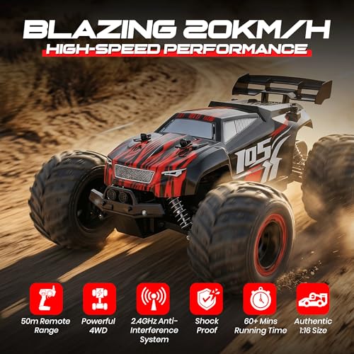 Remote Control Car, 2.4GHz high Speed 20km/H, 1:16 Scale 4 * 4 Off-Road RC Truck, High Speed All-Terrain Racing Vehicle with 2*Rechargeable Batteries, LED Lights, Gifts for Kids & Adults
