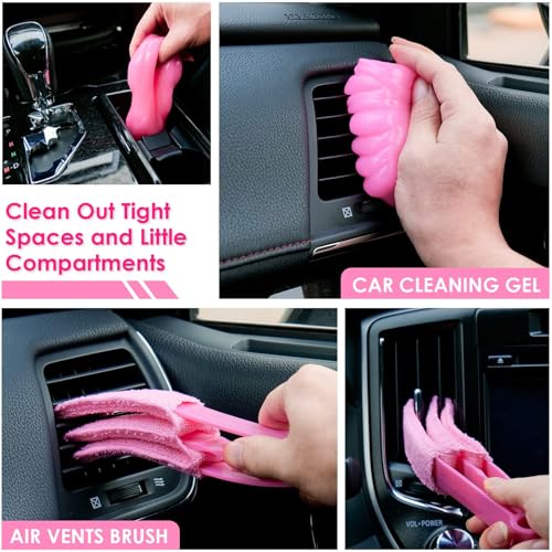 Windshield Cleaner Tool, 17Pcs Pink Car Interior Cleaning Kit, Detailing Kit Cleaner, Detailing Brush, Cleaning Gel, Inside Cleaning Supplies Accessories for Women Girl Gift - color: Pink