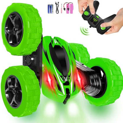 FREE TO FLY Remote Control Car for Boys 8-12: 2.4Ghz Electric Rechargeable Race Stunt Cars Double Sided 360 Rolling Rotating Rotation with Led Headlights - color: Green