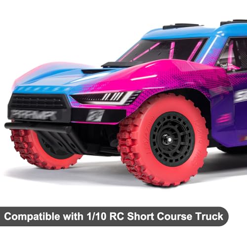Pre-Glued 12mm Hex RC Wheels and Tires for 1/10 RC Short Course Truck, 4PCS | Compatible with 1/10 Arrma Senton Traxxas Slash Axial Losi Axial Redcat - color: Red Tires+ Black Wheels