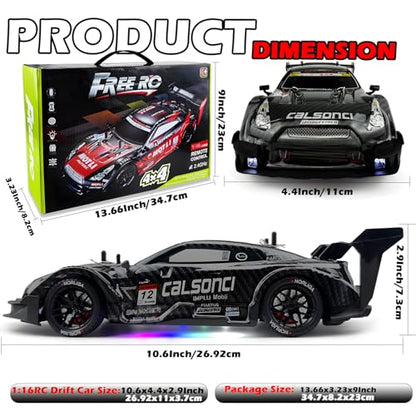 HTURCCOP 1:16 RC Drift Car 2.4GHz Spray 4WD LED Lights 30+KM/H High Speed Remote Control Car 2 Batteries 60Min Infinitely Variable Speed Drift Car Toys for Adults and Kids (Black 1:16) - color: Black 1:16
