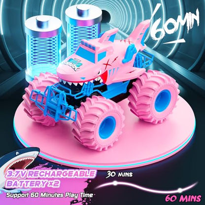 Waterproof Shark Remote Control Car, 1:16 Amphibious RC Cars 4WD All Terrain Off Road Monster Trucks Toys, RC Truck Pool Toys for Kids 3-5 6-8 8-12 Year Old Girl Birthday Gift, Pink - color: Pink