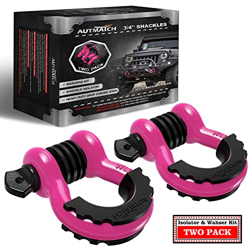AUTMATCH 3/4" D Ring Shackles (2-Pack) - 41,887 lbs Break Strength | Heavy Duty Clevis Shackle with 7/8" Pin & Isolator Washer Kit for Tow Strap, Winch, Towing & Off-Road Vehicle Recovery, Pink - color: Pink & Black