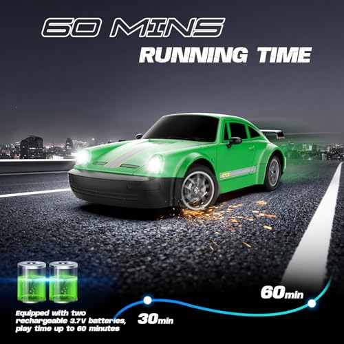 RC Drift Car 1:24 Scale, 4WD Remote Control Car with LED Lights 20KM/H High Speed, Dual-Mode Racing & Drifting Toy Car with 2 Batteries, Gift for Kids & Adults, Green - color: Green