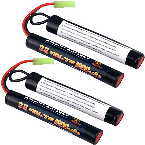 melasta 9.6V 1600mAh Nunchuck NiMH Battery 2-Pack for Airsoft Guns | Compatible with Mini Tamiya. Fits M4, G36, M110, SR25, M249, M240B, M14, RPK, PKM, L85, AUG, G3. High-capacity rechargeable.