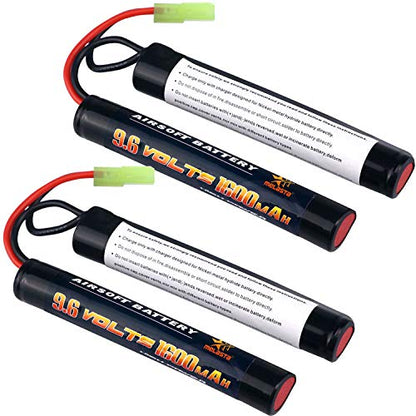 melasta 9.6V 1600mAh Nunchuck NiMH Battery 2-Pack for Airsoft Guns | Compatible with Mini Tamiya. Fits M4, G36, M110, SR25, M249, M240B, M14, RPK, PKM, L85, AUG, G3. High-capacity rechargeable.