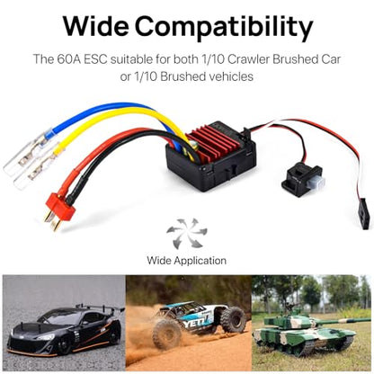 2026 New 60A Waterproof Brushed ESC 2-3S Electronic Speed Controller WP 1060 RC ESC Brushed with Power Witch for 1/10 Scale RC Crawler Car,Boats,Truck (T-Plug) - color: Black-red