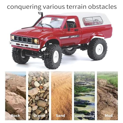 RC Truck 1/16 RC Rock Crawler, WPL C24 4x4 RC Pickup Truck, 2.4GHz Remote Control Car, All Terrain Off Road RC Climbing Car with Headlights and 2 Batteries for Adults (Red) - color: Red