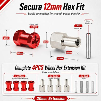 4PCS 12mm Hex Hub 20mm Aluminum Extension Hex for Axial SCX10 D90 90046 | 20mm CNC Wheel Hex Extenders for 1/10 RC Crawlers Redcat Gen7/Gen8 CC01 RC4WD Wider Stance & Tire Clearance with M4 Nuts Pins - color: red
