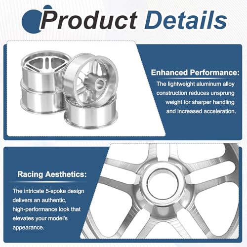 MECCANIXITY 4Pcs RC Car Wheel Rims, 23.5mm Dia 5-Spoke Silver Aluminum Alloy Wheel Rims Hex Hub for HSP RC Drift Racing Touring Car - color: Silver, size: 23.5mm Dia