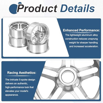 MECCANIXITY 4Pcs RC Car Wheel Rims, 23.5mm Dia 5-Spoke Silver Aluminum Alloy Wheel Rims Hex Hub for HSP RC Drift Racing Touring Car - color: Silver, size: 23.5mm Dia