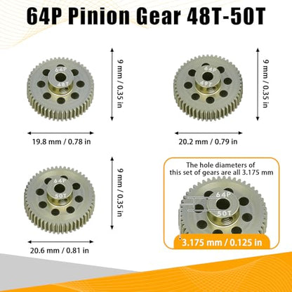 64P Pinion Gear 3.175mm Shaft 7075 Aluminum Alloy Motor Gears,0.6 Metric Pitch 48 49 50T with 1/8 Hole Pinion Gear Compatible with 1/10 Arrma HPI Kyosho Losi Axial Traxxas Tamiya RC Car - size: 48 49 50T
