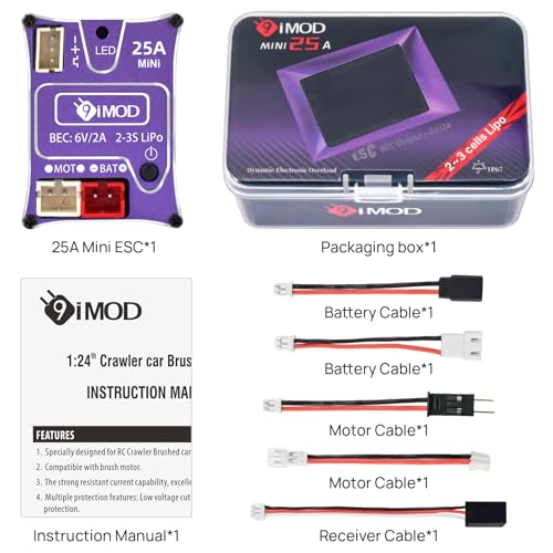 25A Waterproof Micro Brushed ESC for SCX24 1/24 & TRX4M 1/18 RC Crawler Upgrade Part 2-3S LiPo Mini RC ESC Electronic Speed Controller(Black) - color: Black