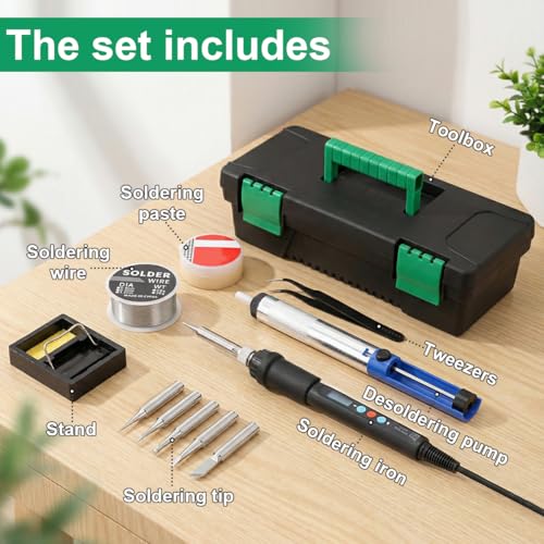 Soldering Iron Kit, 60W LED Display Soldering Gun with Ceramic Heater, 12-in-1 Adjustable Temperature Tool Kit– Includes Tips, Solder Wire, Flux Paste, Pump, and Case for DIY& Electronic Repairs